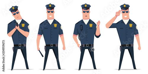 Police officer vector set. Funny cartoon character of a policeman in different poses with handcuffs, a gun and a baton isolated on white background.