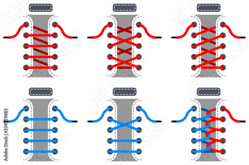 Red and blue laces vector set. Schemes of tying shoelaces isolated on white background.