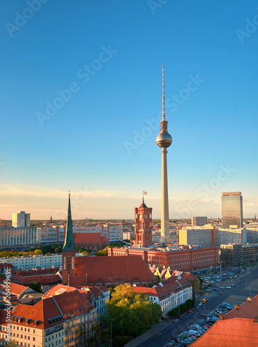 Aerial view of central Berlin on a bright day in Spring, iand television tower on Alexanderplatz