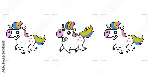 Pixel unicorn. 8 bit vector animation game isolated on white background.