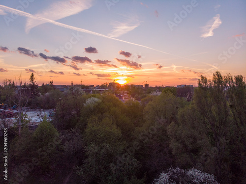 orange sunset above city. aerial view. tree crowns