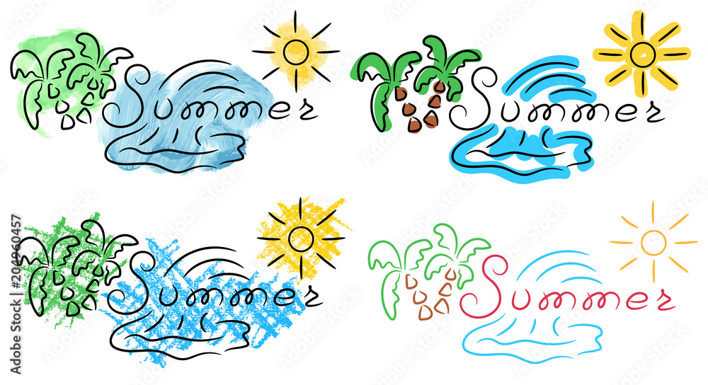 Summer title palm wave sun sketch with color pencil watercolor felt pen grunge vector illustration Summer title palm wave sun sketch with color pencil watercolor felt pen grunge vector illustration