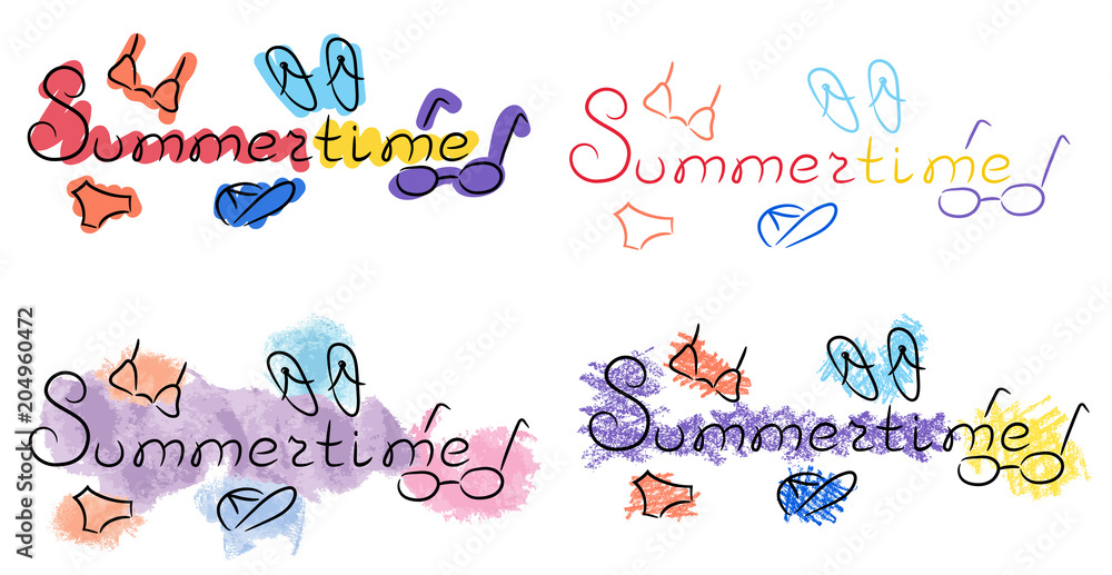 Summer title swimsuit, sunglasses, cap, slate sketch with color pencil watercolor felt pen grunge vector illustration Summer title swimsuit, sunglasses, cap, slate sketch with color pencil watercolor felt pen grunge vector illustration