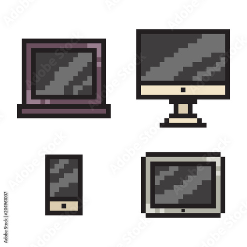 Pixel art phone, laptop, tablet and computer. Vector 8 bit game web icon set isolated on white background.