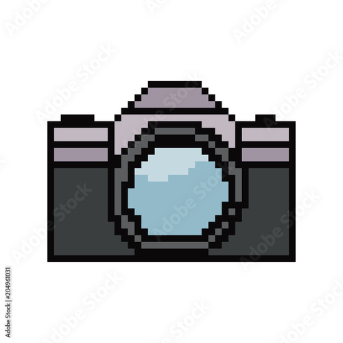 Pixel art camera. Vector 8 bit game web icon isolated on white background.