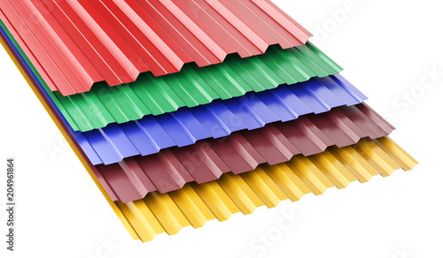 Metal corrugated roof sheets, with various colors.