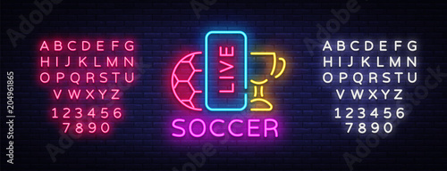 Live Soccer Neon Sign Vector. Live Football Logo neon, design template emblem, online soccer symbol, light banner, bright night football advertising, european football sign. Editing text neon sign
