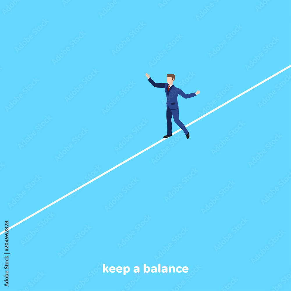 a man in a business suit walks along a tight cable, an isometric image a man in a business suit walks along a tight cable, an isometric image