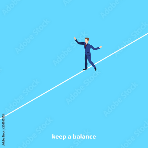 a man in a business suit walks along a tight cable, an isometric image