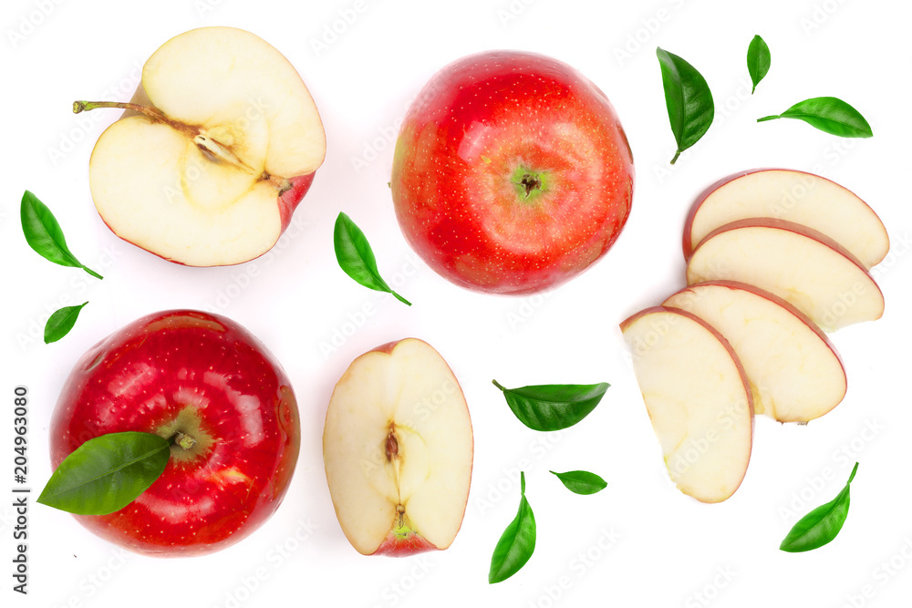 red apples with slices and leaves isolated on white background top view. Set or collection. Flat lay pattern red apples with slices and leaves isolated on white background top view. Set or collection. Flat lay pattern