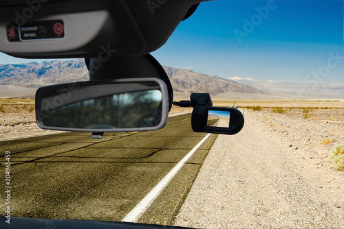 Dashcam car camera view of desert road, Death Valley, USA