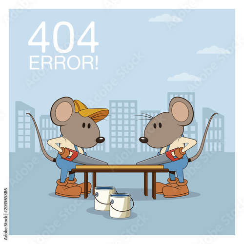 Error 404 nothing found banner with worker mouses under construction cartoons vector illustration graphic design
