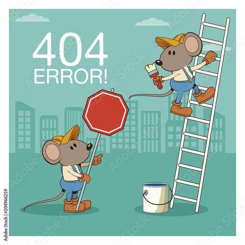 Error 404 nothing found banner with worker mouses under construction cartoons vector illustration graphic design