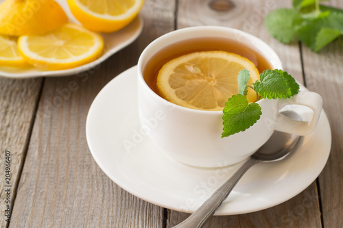 Hot tea with lemon and mint