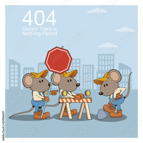 Error 404 nothing found banner with worker mouses under construction cartoons vector illustration graphic design
