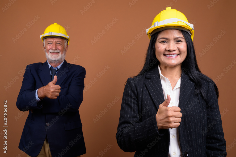 Mature multi-ethnic business couple against brown background Mature multi-ethnic business couple against brown background