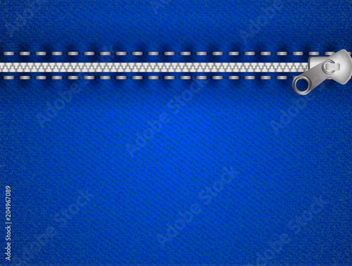 Blue jeans with metal zipper background. Space for text. Vector illustration.