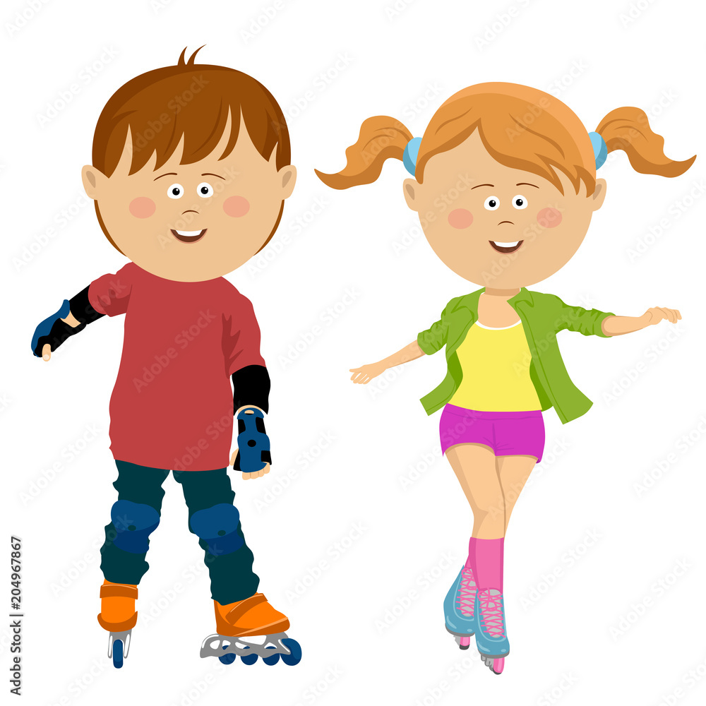 Roller skaters. Skating girl and boy. Teen friends Roller skaters. Skating girl and boy. Teen friends