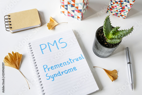 PMS Premenstrual Syndrome written in notebook on white table photo