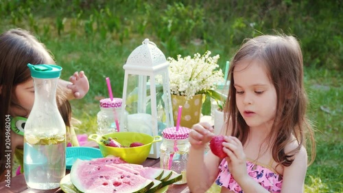 two adorable little girls eat strawberries on a summer picnic
