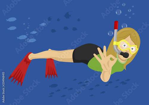 Young woman wearing diving suit snorkeling and showing ok sign over underwater background