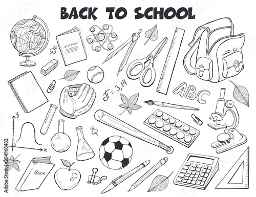 Hand drawn school objects collection. Vector illustration of education design elements isolated on white background. Back to school