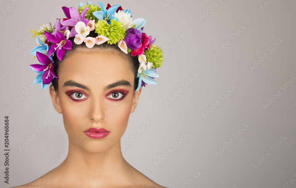 beautiful girl portrait with flowers hairstyle, beauty photography of commercial model 
