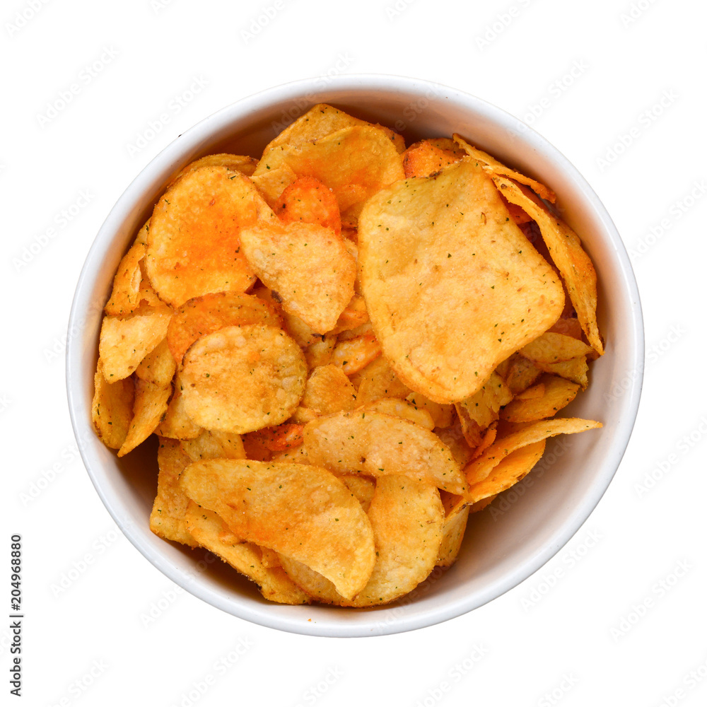 Chips isolated on white. Space for text or design. Top view. Chips isolated on white. Space for text or design. Top view.