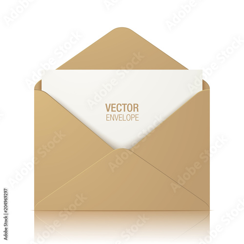 Khaki color kraft paper envelope, vector illustration standing against white glossy background. Realistic khaki opened envelope standing on a surface.
