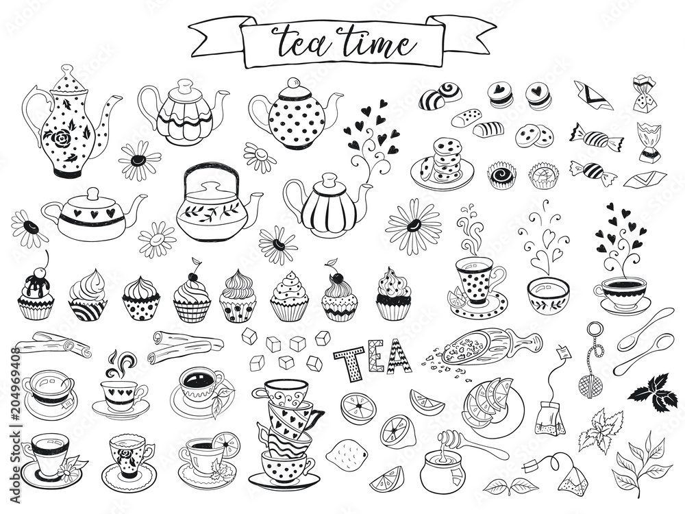 Tea time doodle elements collection. Hand drawn tea vector icons. Teapots, cups, cupcakes and sweets isolated on white background. Design elements.