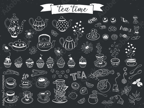 Doodle tea time elements collection. Vector set of tea icons. Teapots, cups, cupcakes and sweets.