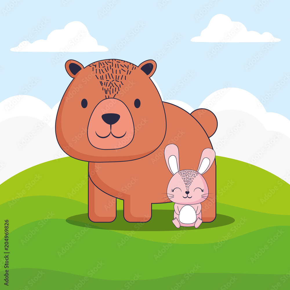 cute bear and rabbit over landscape background, colorful design. vector ...