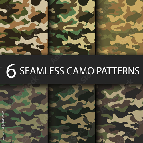 Set of 6 pack Camouflage seamless patterns background with black shadow. Classic clothing style masking camo repeat print. Bright colors of forest texture. Vector illustration web design and clothes.