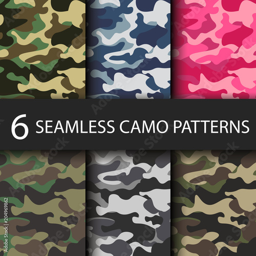 Set of 6 pack Camouflage seamless patterns background with black shadow. Classic clothing style masking camo repeat print. Bright colors of forest texture. Vector illustration web design and clothes.