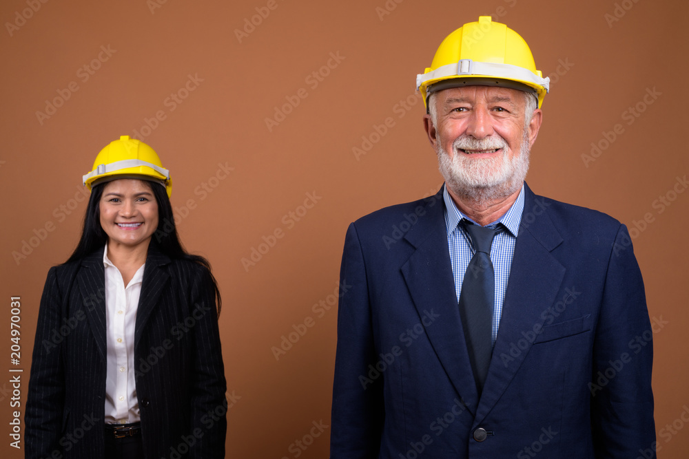 Mature multi-ethnic business couple against brown background Mature multi-ethnic business couple against brown background
