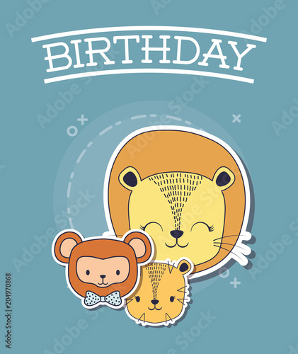 Happy birthday design with cute animals over blue background, colorful design. vector illustration