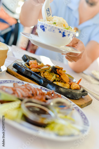 Eating popular asian orientalfood, fresh savory tasty cuisine plate background. Top side view closeup photo photo