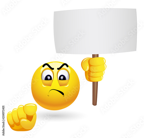 Smiley holding advertise. Smiley emoticon protesting and holding placard. Smiley at the meeting.