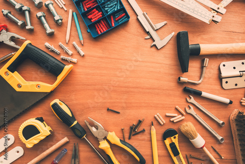 Wallpaper Mural Hobby handyman tools top view on workshop desk Torontodigital.ca