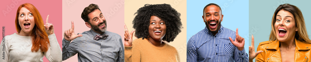 Cool group of people, woman and man pointing away side with finger Cool group of people, woman and man pointing away side with finger