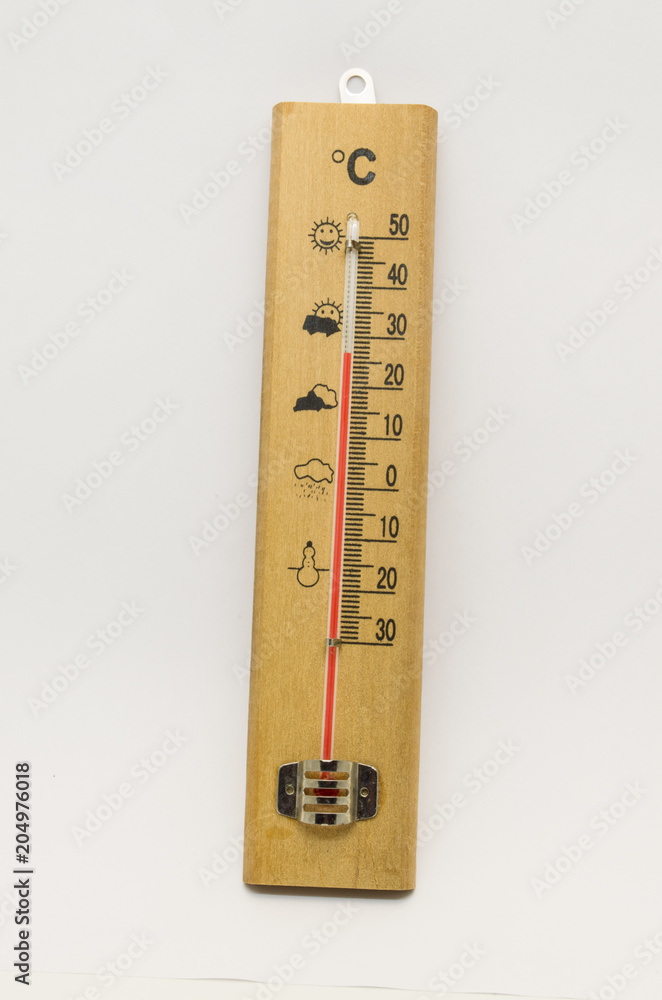wooden street thermometer, degree. Celsius. Isolated, white background wooden street thermometer, degree. Celsius. Isolated, white background