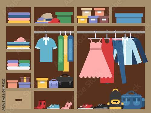 Large wardrobe with different clothes. Vector illustration in flat style