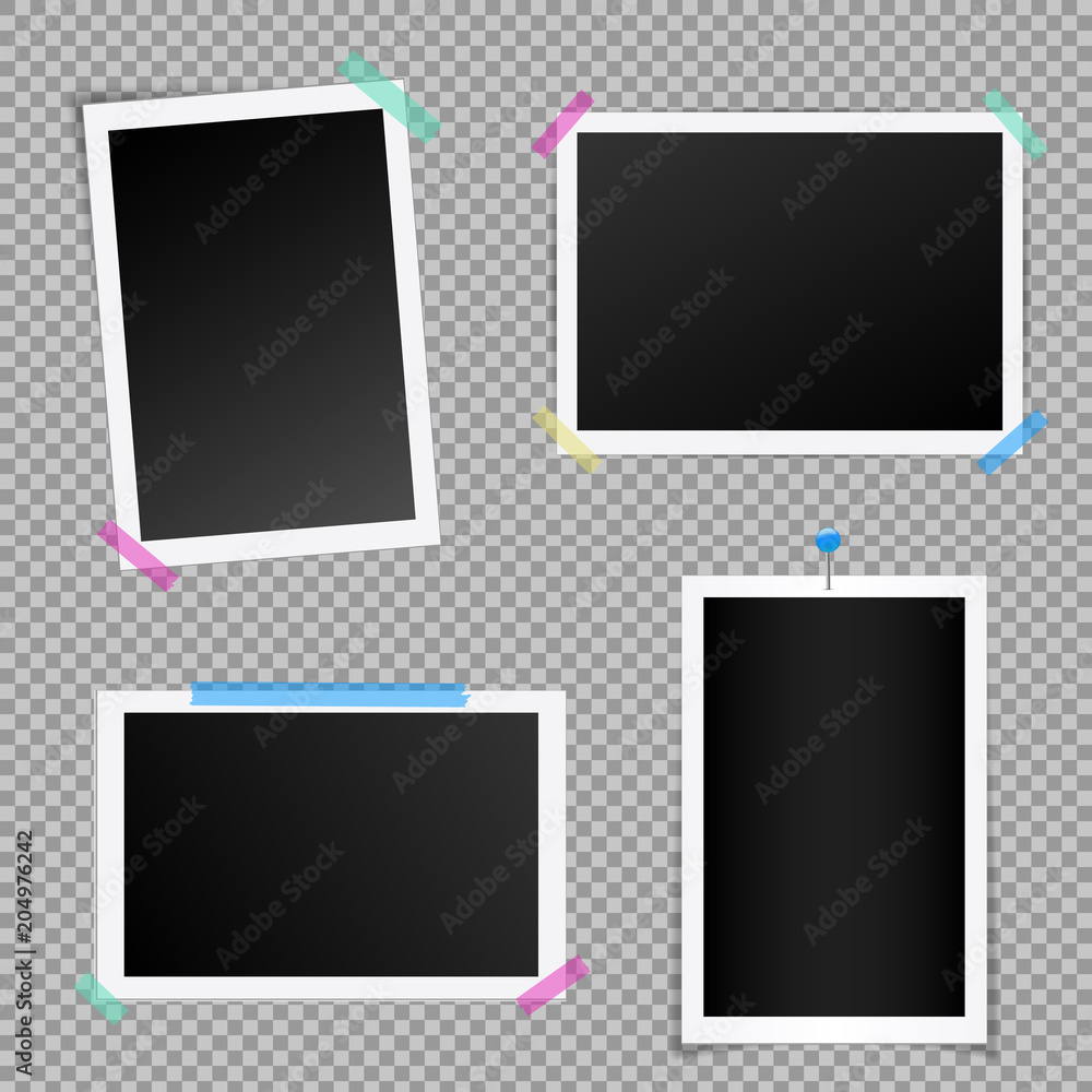 Creative vector illustration set of square photo frame with shadows isolated on background. Retro art design. Realistic mockups. Color adhesive tapes, push pins. Abstract concept graphic element Creative vector illustration set of square photo frame with shadows isolated on background. Retro art design. Realistic mockups. Color adhesive tapes, push pins. Abstract concept graphic element