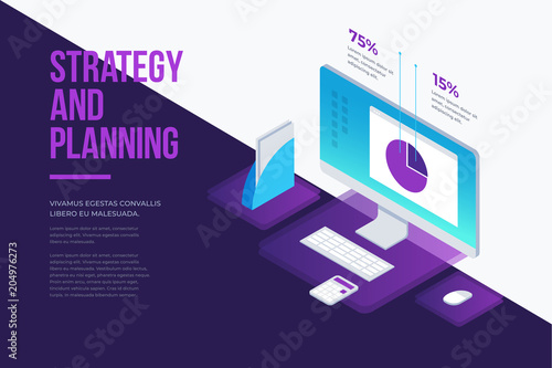 Concept for management and business strategy. Analysis data and Investment. Business success. Modern business working elements, digital marketing. 3d isometric design. Vector flat illustration.