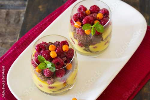 Raspberry dessert trifle. Dessert in glass. Mousse in glass. Orange curd. Chocolate sponge cake. Layered dessert. Cake in glass. Mini cake. Citrus dessert.