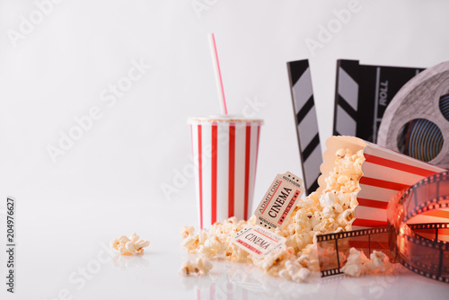 Conceptual objects of cinema with white background front