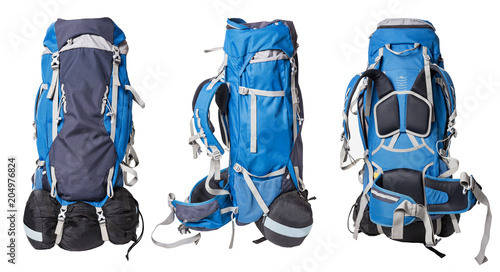 Obraz na płótnie Different views of blue backpack for hiking isolated on white background. professional backpack for hiking trips with sleeping bag. Outfit for hikes. Trekking bag for sport leisure activity. w salonie