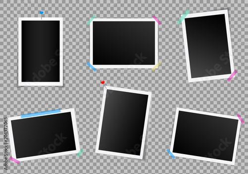 Creative vector illustration set of square photo frame with shadows isolated on background. Retro art design. Realistic mockups. Color adhesive tapes, push pins. Abstract concept graphic element