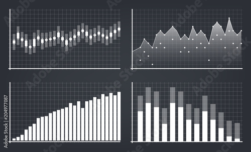 Creative vector illustration of business data financial charts. Finance diagram art design. Growing, falling market stock analysis graphics set. Concept graphic report element. Profit summary tools