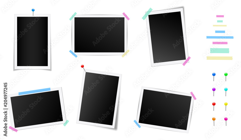 Creative vector illustration set of square photo frame with shadows isolated on background. Retro art design. Realistic mockups. Color adhesive tapes, push pins. Abstract concept graphic element Creative vector illustration set of square photo frame with shadows isolated on background. Retro art design. Realistic mockups. Color adhesive tapes, push pins. Abstract concept graphic element
